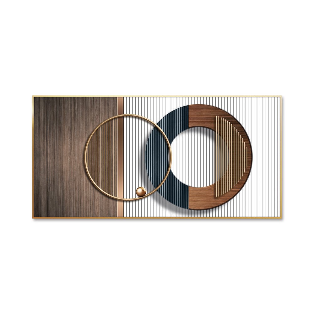 Este cuadro de arte abstracto y moderno, con su combinación de texturas de madera y metal, aportará un toque de sofisticación a tu oficina. Su diseño, que incluye un anillo dorado y una esfera de color bronce, junto con las rayas verticales de colores contrastantes, inspirará innovación y pensamiento creativo. ¡Un arte que combina funcionalidad y estilo!  Dimension: &nbsp;25'' x 50''