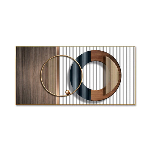 Este cuadro de arte abstracto y moderno, con su combinación de texturas de madera y metal, aportará un toque de sofisticación a tu oficina. Su diseño, que incluye un anillo dorado y una esfera de color bronce, junto con las rayas verticales de colores contrastantes, inspirará innovación y pensamiento creativo. ¡Un arte que combina funcionalidad y estilo!  Dimension: &nbsp;25'' x 50''