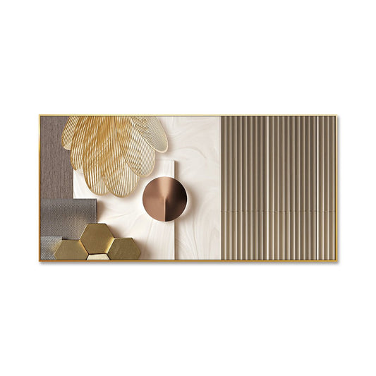 Este cuadro moderno y abstracto, con su combinación de texturas y formas geométricas, aportará un toque de sofisticación a tu oficina o área de espera. Sus elementos dorados y su diseño inspirado en la naturaleza y la geometría promoverán un ambiente de calma y creatividad. ¡Un arte que combina funcionalidad y estilo!  Dimension: &nbsp;25'' x 50''