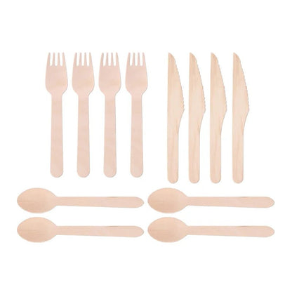 Set de cubiertos de madera WoodAble con tenedor, cuchillo, cuchara y servilleta, biodegradables y compostables.