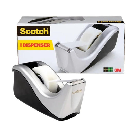 Dispensador de cinta Scotch plateado y negro de escritorio 3M – Officemate