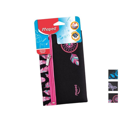 Estuche de neopreno Maped Totem negro con atrapasueños rosado en su empaque