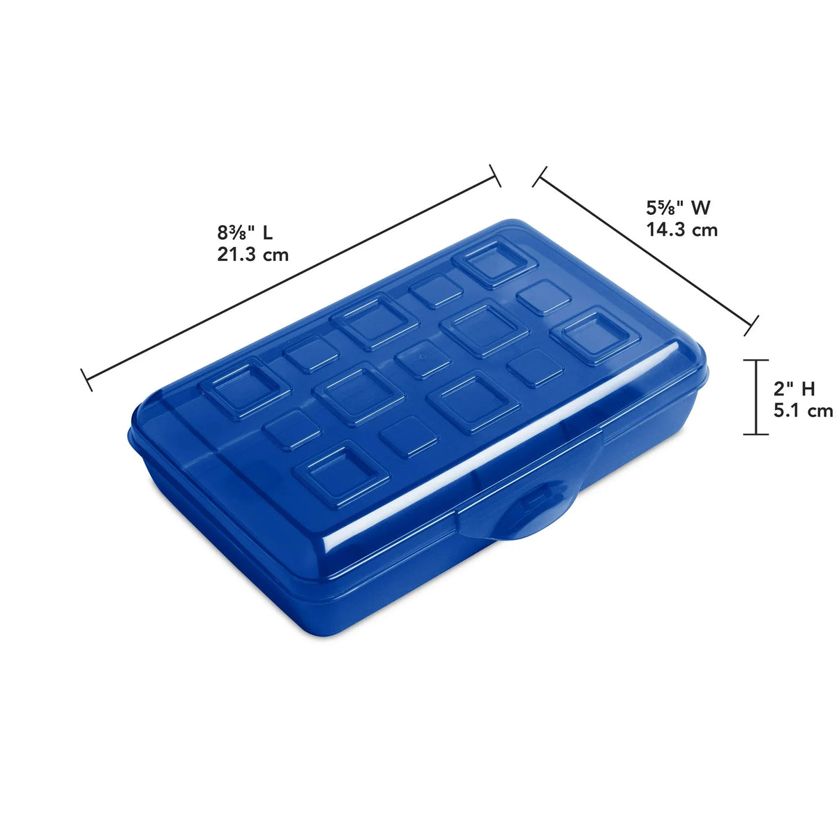 Estuche Sterilite azul con medidas: 21.3 x 14.3 x 5.1 cm