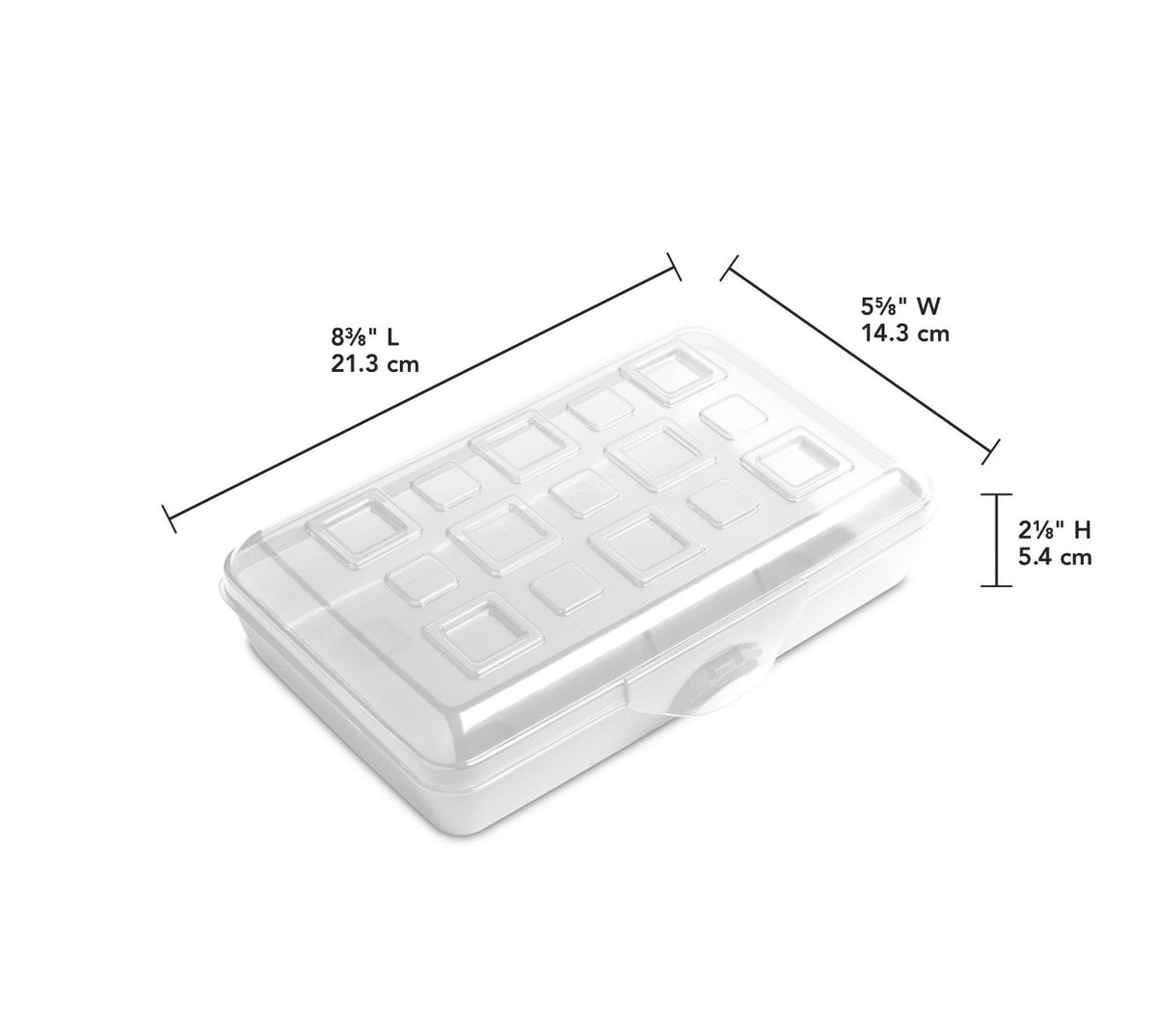Estuche Sterilite transparente con medidas: 21.3 x 14.3 x 5.4 cm