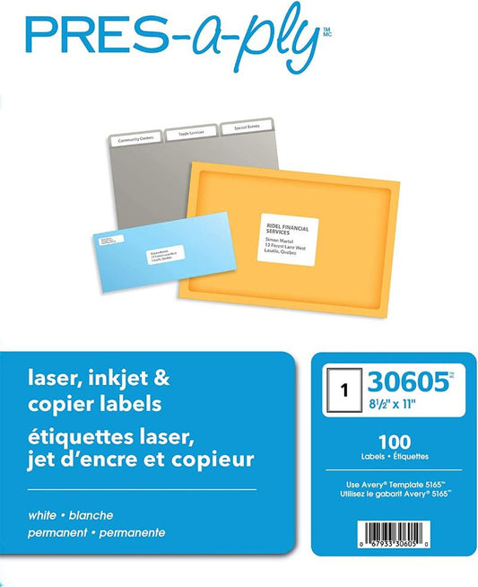 Pack de 100 hojas de etiquetas para impresora láser 8.5 x 11 - Press A Ply.