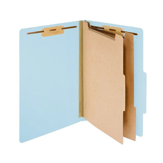 Folder Partition 8.5x13 con 6 divisiones, color azul claro, ideal para organizar documentos de manera eficiente. ¡Disponible en Officemate!