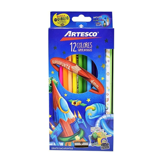 Set de 12 lápices de colores Super Punta 4mm de Artesco con sacapuntas y grafito.