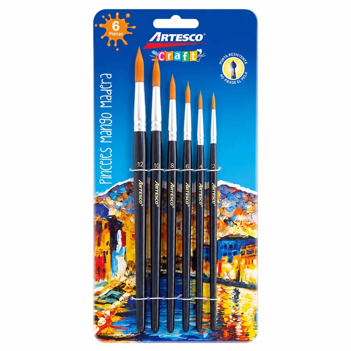 Juego de 6 pinceles Artesco con mango de madera color negro para témpera, acuarela y acrílico