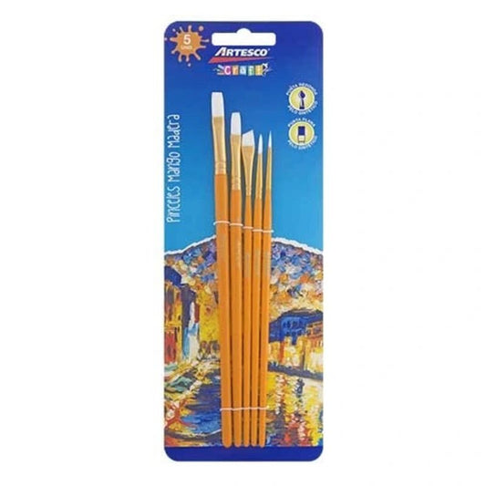 Juego de Pinceles Plano y Redondo - 5/1 - Color Madera | Artesco