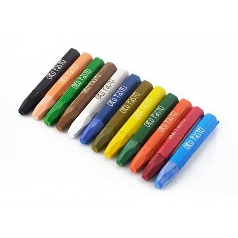 Doce crayones de óleo pastel jumbo Artesco de colores, alineados en diagonal