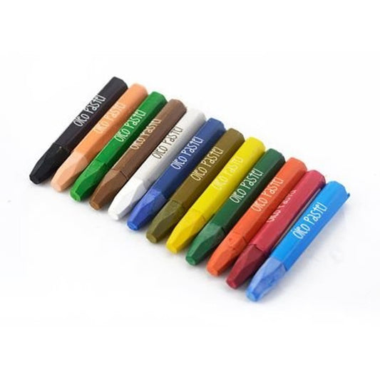 Doce crayones de óleo pastel jumbo Artesco de colores, alineados en diagonal