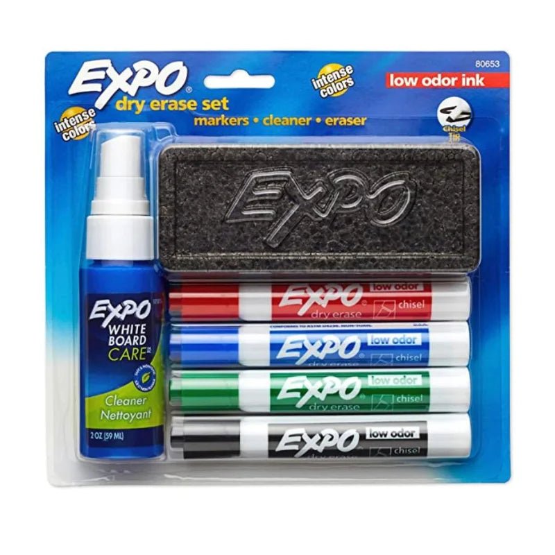 Kit de marcadores para pizarra Expo con borrador y limpiador, ideal para oficina, escuela y hogar. Disponible en Officemate.