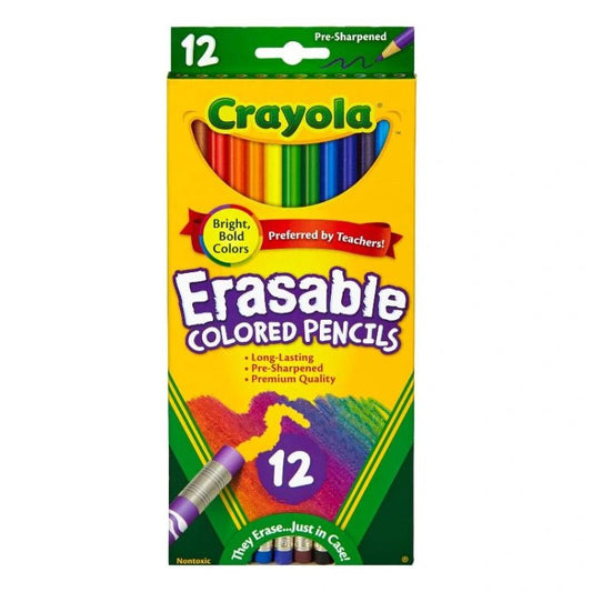 Lápices de colores borrables Crayola, 12 unidades, vista de los lápices con punta preafilada. Disponible en Officemate República Dominicana.