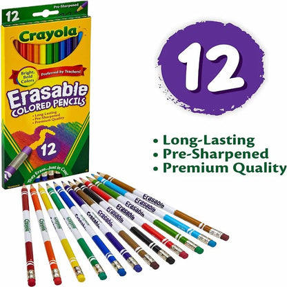 Lápices de colores borrables Crayola, 12 unidades, vista de los lápices con punta preafilada. Disponible en Officemate República Dominicana.