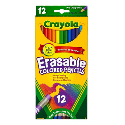 Lápices de colores borrables Crayola, 12 unidades, vista de los lápices con punta preafilada. Disponible en Officemate República Dominicana.