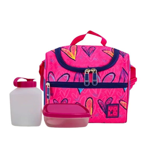 Lonchera térmica escolar rosa con corazones, envase y botella - YOLO - Officemate
