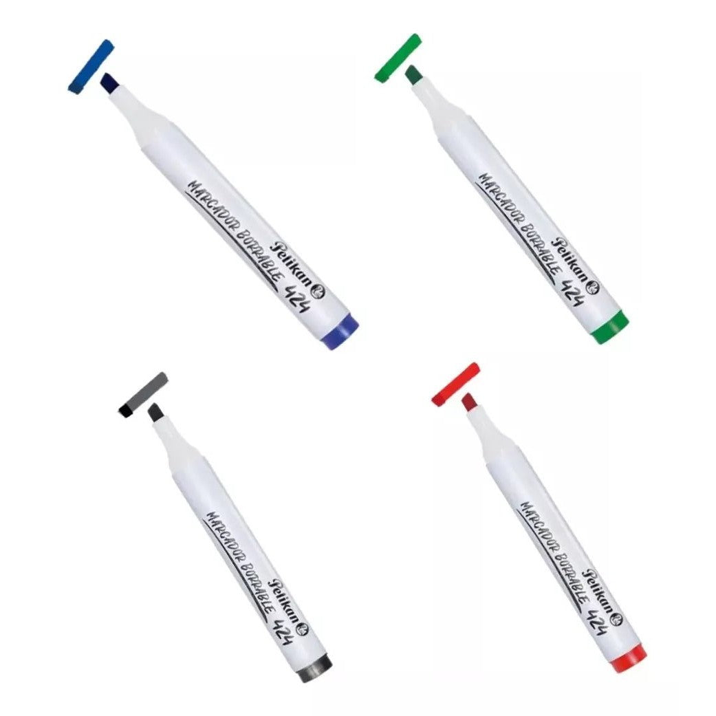 Cuatro marcadores Pelikan 424 para pizarra en azul, verde, negro y rojo