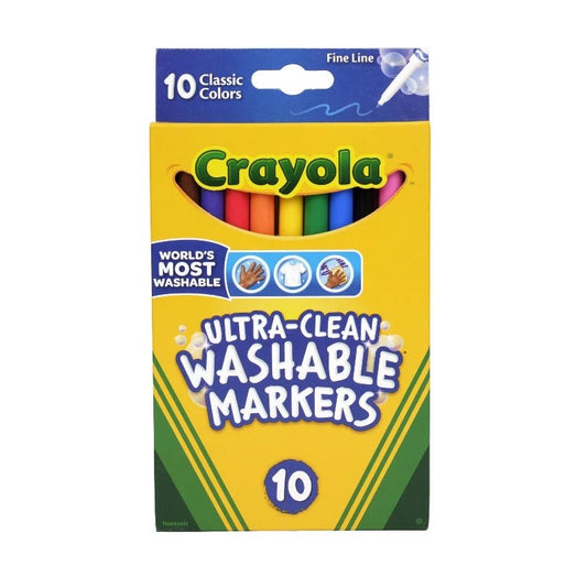 Marcadores lavables Crayola de punta fina, set de 10 colores clásicos, vista frontal del empaque. Disponible en Officemate República Dominicana.