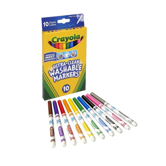 Marcadores lavables Crayola de punta fina, set de 10 colores clásicos, vista adicional del empaque. Disponible en Officemate República Dominicana.