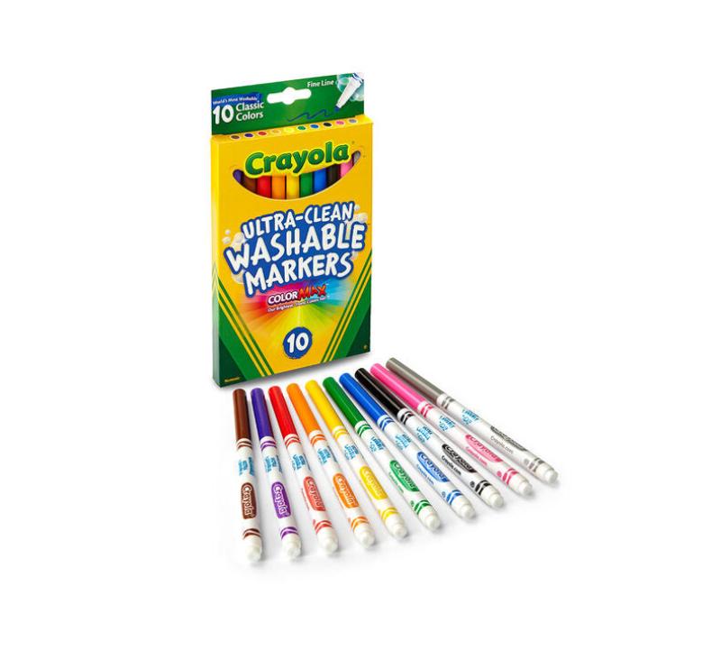 Set de 10 Marcadores Lavables "Ultra-Clean Washable" de Punta Fina en colores clásicos de Crayola