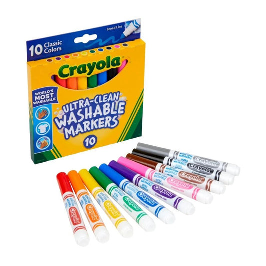 Marcadores lavables Crayola de punta gruesa, set de 10 colores clásicos, vista adicional del empaque. Disponible en Officemate República Dominicana.