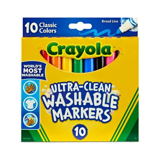 Marcadores lavables Crayola de punta gruesa, set de 10 colores clásicos, vista frontal del empaque. Disponible en Officemate República Dominicana.