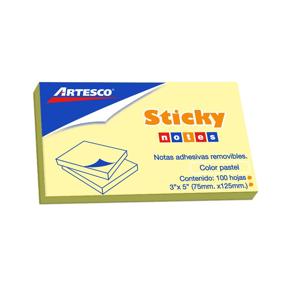 Bloque de notas adhesivas Artesco Sticky Notes 3x5 amarillo pastel de 100 hojas