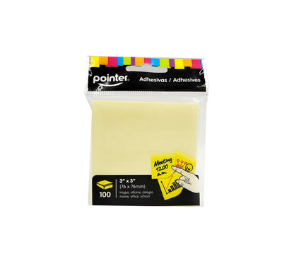 Bloque de notas adhesivas Pointer amarillo pastel 3x3 de 100 hojas, vista frontal