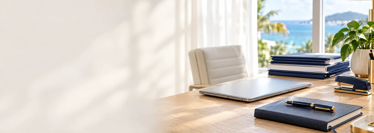 Escritorio ejecutivo con materiales de oficina premium de Officemate en Santo Domingo