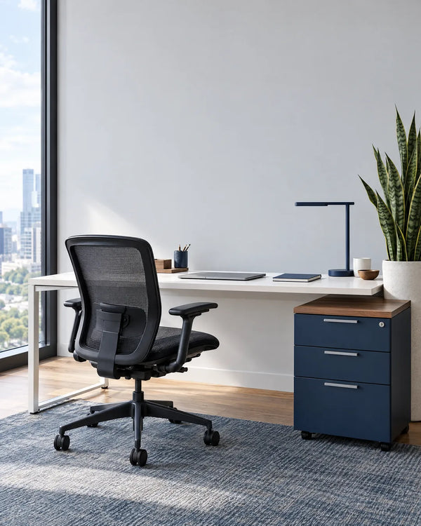 Silla ergonómica de malla, escritorio ajustable y archivo móvil: mobiliario de oficina en Officemate República Dominicana