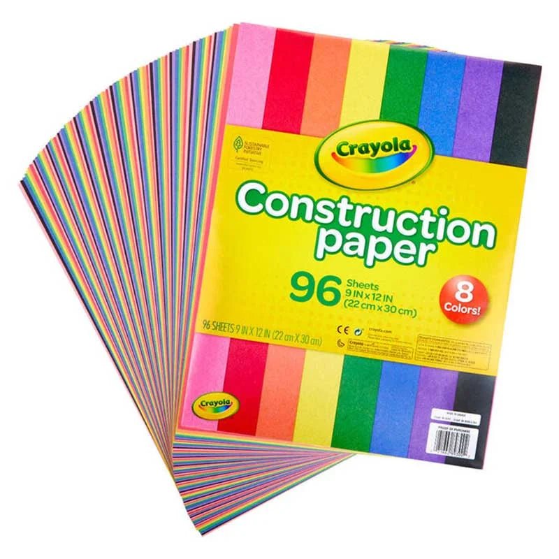 Papel de construcción Crayola 9x12 pulgadas, muestra de las hojas de colores surtidos. Disponible en Officemate República Dominicana.