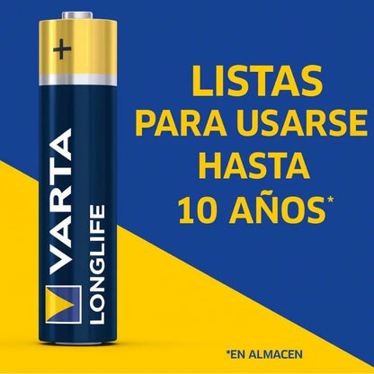Pilas AA Varta Longlife 1.5V pack de 4 unidades en empaque original, Officemate.