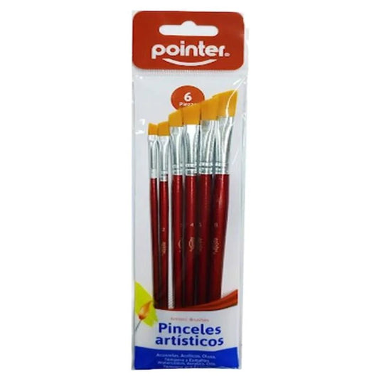 Set de 6 pinceles artísticos Pointer de mango rojo, ideal para pintar - Officemate