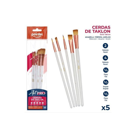 Set de Pinceles Blancos 5/1 de Pointer con cerdas de Taklon y mangos ergonómicos, ideal para diversas técnicas de pintura. Oficemate