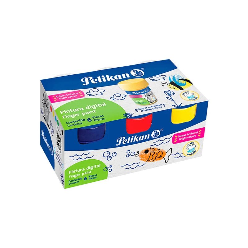 Set de Pintura para Dedos Lavable Pelikan con 6 colores, 25ml cada uno. Ideal para niños y fácil de limpiar.