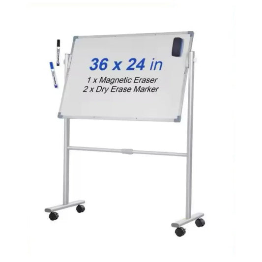 Pizarra blanca móvil de doble cara 36x24 pulgadas VEVOR con base rodante y altura ajustable. Disponible en Officemate.