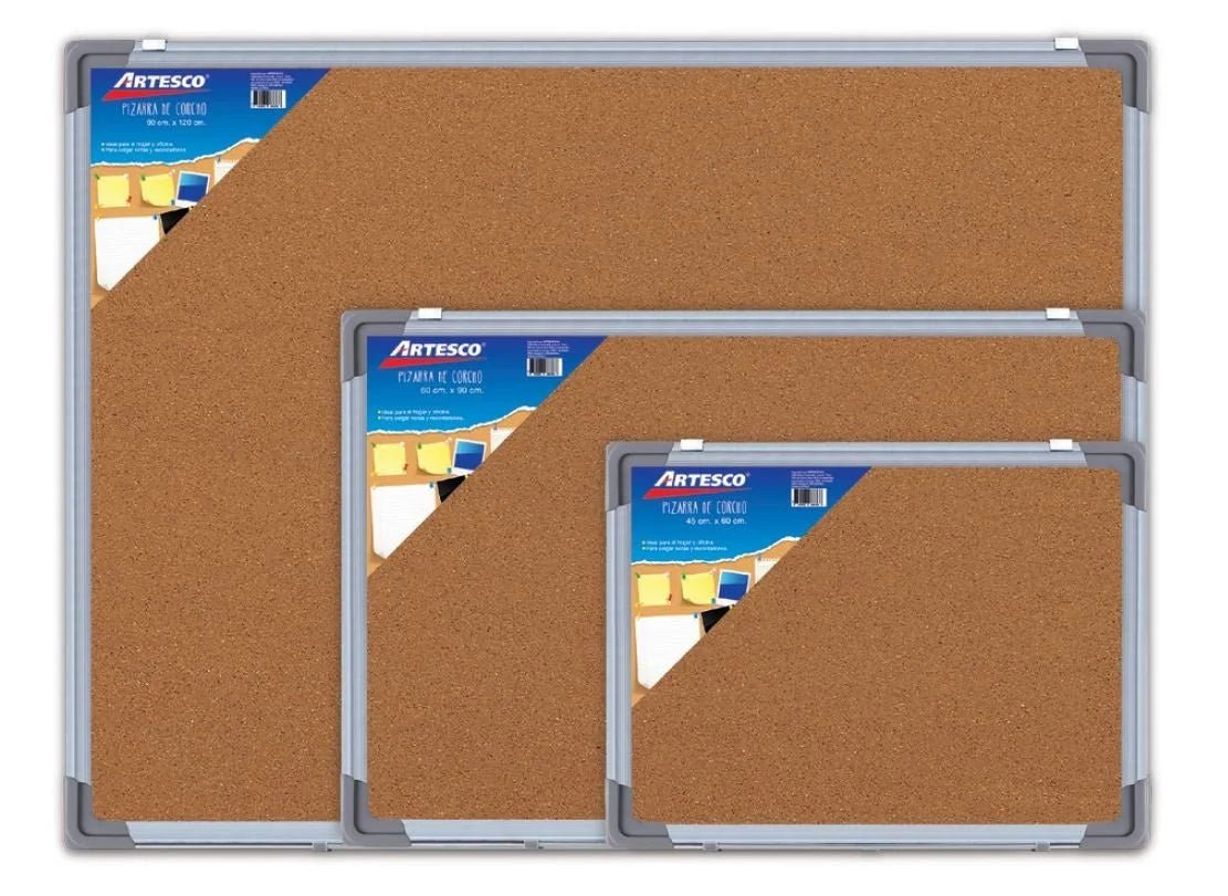 Pizarra de corcho Artesco, tamaño 45 x 60 cm, con marco de aluminio, ideal para oficinas, hogares y aulas. Disponible en Officemate.