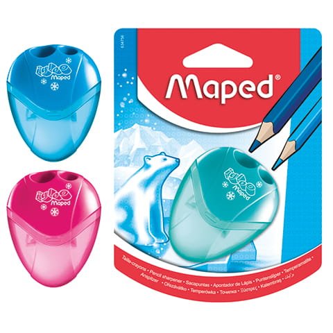 Sacapuntas doble rosado con contenedor, ideal para lápices estándar y gruesos, de la marca Maped. Officemate