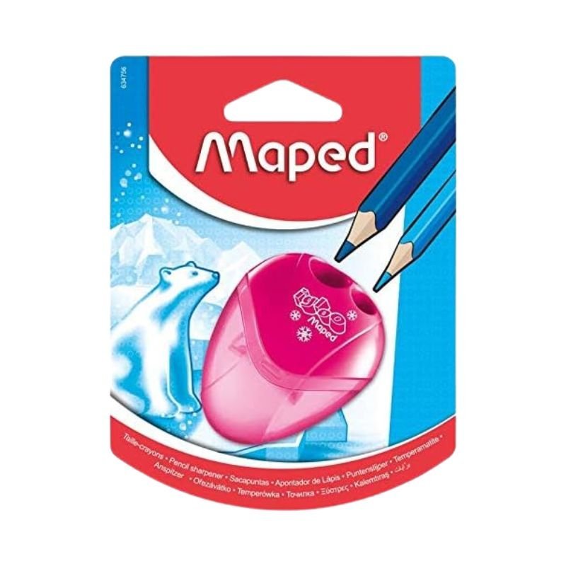 Sacapuntas doble rosado con contenedor, ideal para lápices estándar y gruesos, de la marca Maped. Officemate