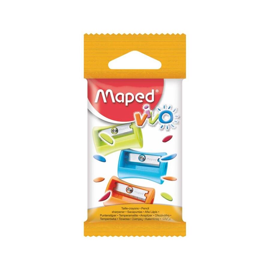 Set de 3 sacapuntas plásticos Vivo de 1 hoyo de Maped, diseño colorido.