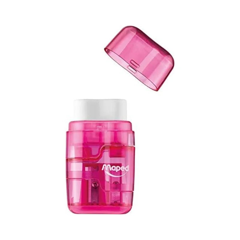 Sacapuntas rosado Maped con dos orificios, goma integrada y refill adicional. Officemate
