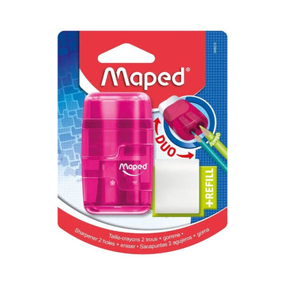 Sacapuntas rosado Maped con dos orificios, goma integrada y refill adicional. Officemate