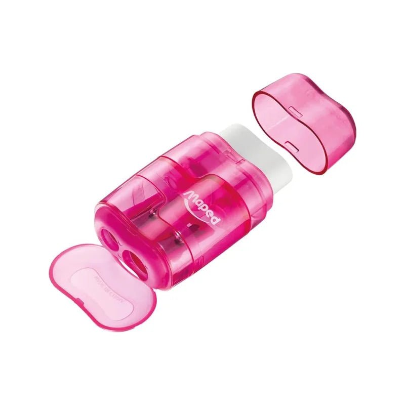 Sacapuntas rosado Maped con dos orificios, goma integrada y refill adicional. Officemate