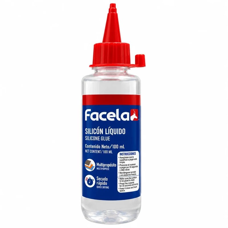 Silicón líquido Facela de 100 ml, vista frontal del envase con boquilla aplicadora roja. Disponible en Officemate República Dominicana.
