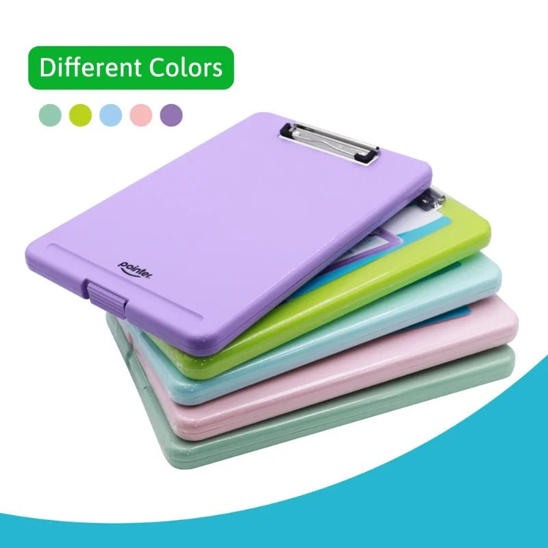 Tabla de apoyo tipo caja Pointer con almacenamiento A4 en colores surtidos, ideal para documentos - Officemate