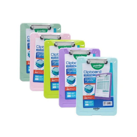 Tabla de apoyo tipo caja Pointer con almacenamiento A4 en colores surtidos, ideal para documentos - Officemate
