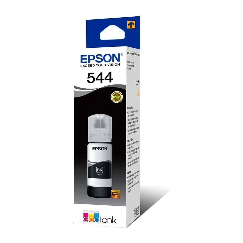 Caja de la tinta Epson 544 negra original para EcoTank, vista lateral del empaque