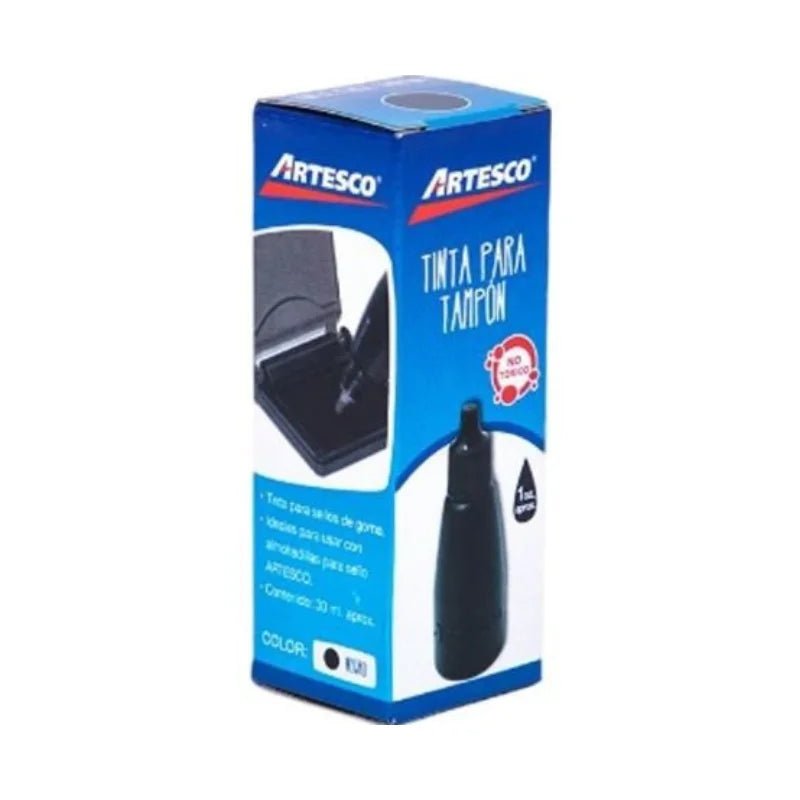 Frasco de tinta negra de 30 ml marca Artesco, ideal para almohadillas y sellos de goma. Disponible en Officemate.