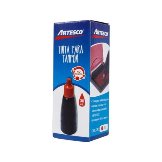 Frasco de tinta roja de 30 ml marca Artesco, ideal para almohadillas y sellos de goma. Disponible en Officemate.