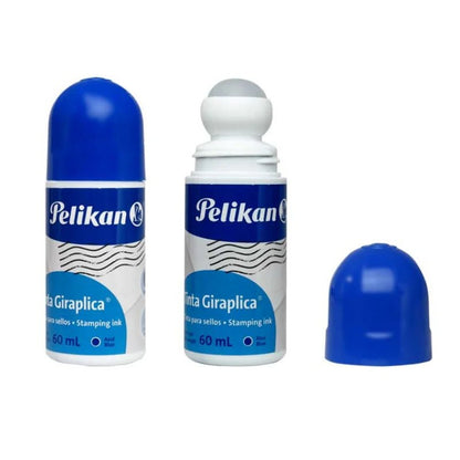 Tinta para sello Pelikan azul de 60 ml con aplicador roll-on, ideal para sellos y almohadillas. ¡Disponible en Officemate!